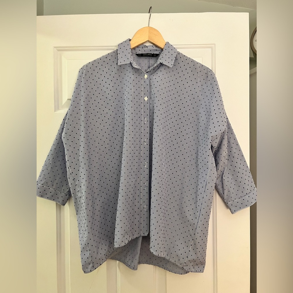 Zara Blouse Blue and White with Navy Dots